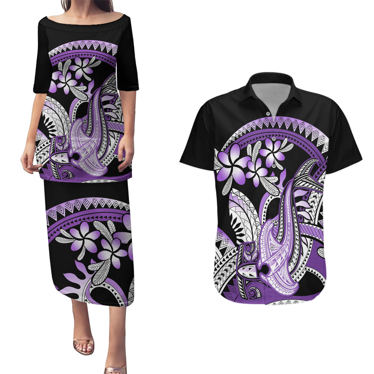 Purple Polynesian Couples Matching Puletasi and Hawaiian Shirt Hammerhead Shark Tattoo Royal Plumeria Gradient Vibes LT14 Purple - Polynesian Pride