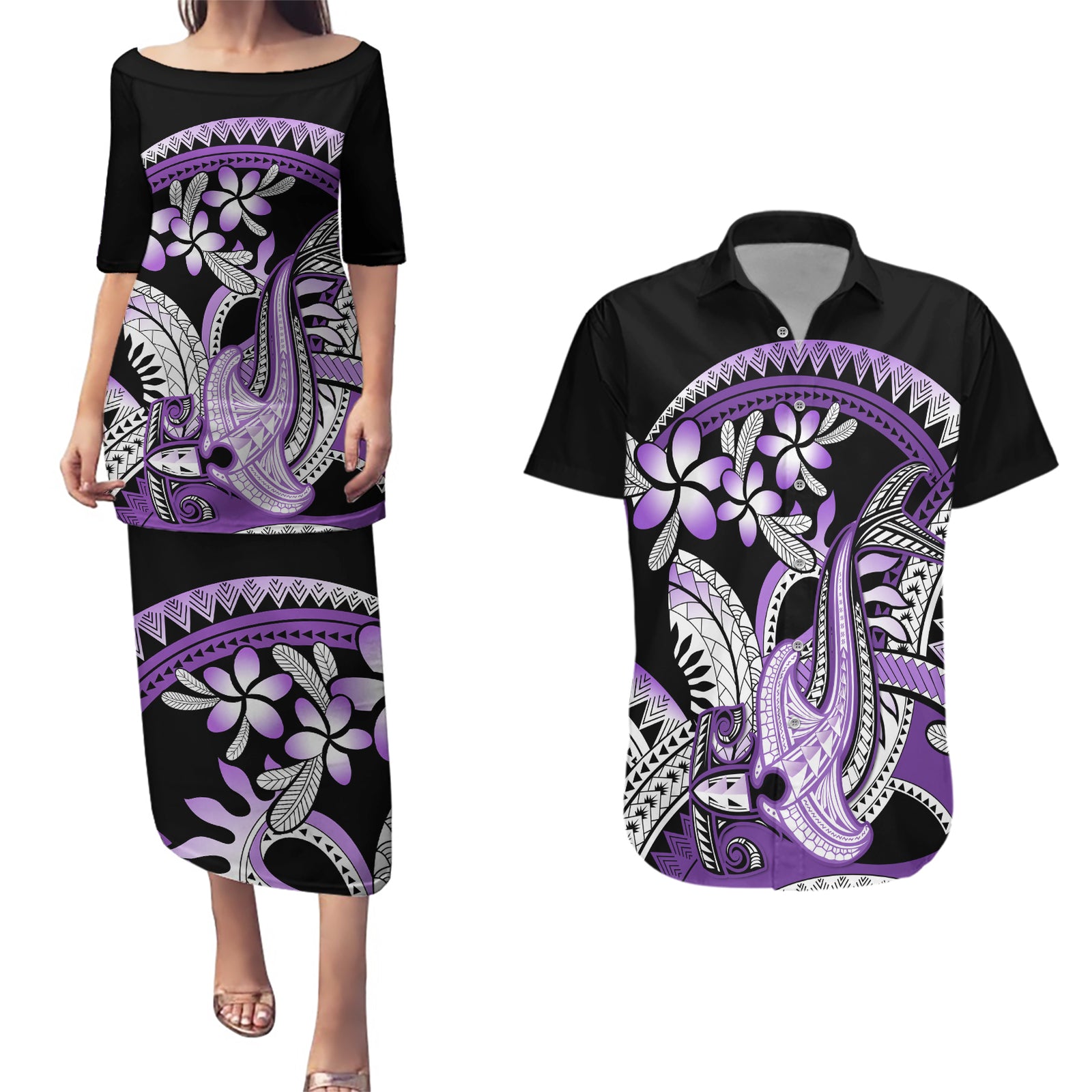 Purple Polynesian Couples Matching Puletasi and Hawaiian Shirt Hammerhead Shark Tattoo Royal Plumeria Gradient Vibes LT14 Purple - Polynesian Pride