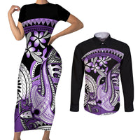 Purple Polynesian Couples Matching Short Sleeve Bodycon Dress and Long Sleeve Button Shirt Hammerhead Shark Tattoo Royal Plumeria Gradient Vibes LT14 Purple - Polynesian Pride