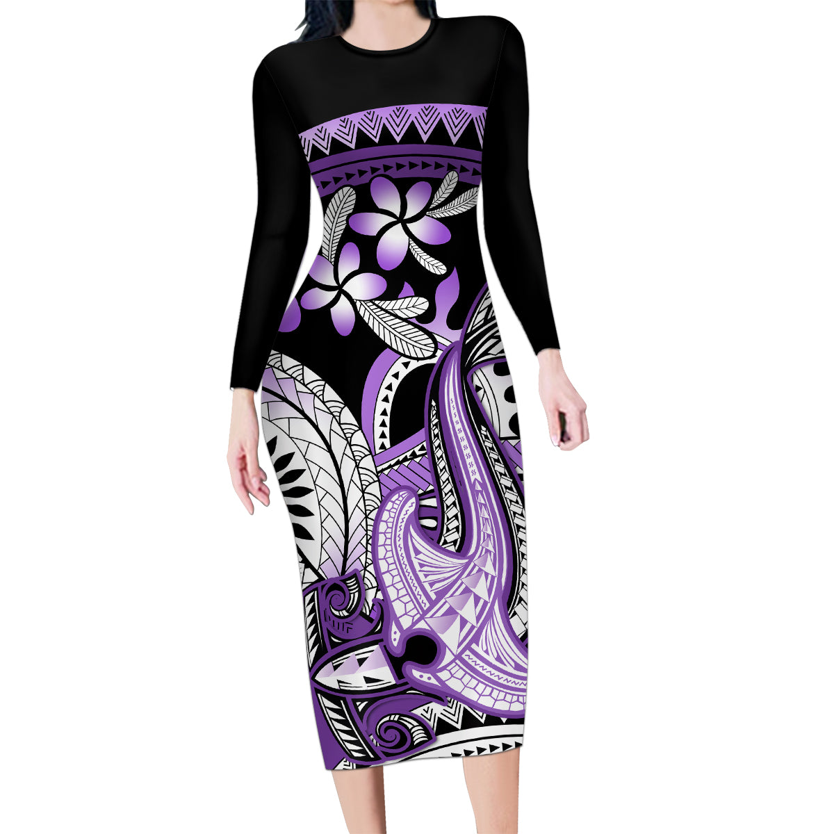 Purple Polynesian Family Matching Long Sleeve Bodycon Dress and Hawaiian Shirt Hammerhead Shark Tattoo Royal Plumeria Gradient Vibes LT14 Mom's Dress Purple - Polynesian Pride