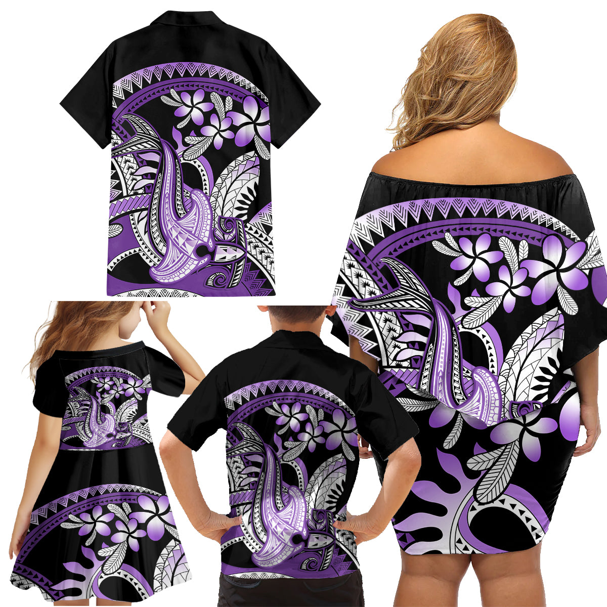 Purple Polynesian Family Matching Off Shoulder Short Dress and Hawaiian Shirt Hammerhead Shark Tattoo Royal Plumeria Gradient Vibes LT14 - Polynesian Pride