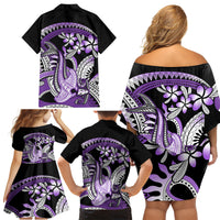 Purple Polynesian Family Matching Off Shoulder Short Dress and Hawaiian Shirt Hammerhead Shark Tattoo Royal Plumeria Gradient Vibes LT14 - Polynesian Pride