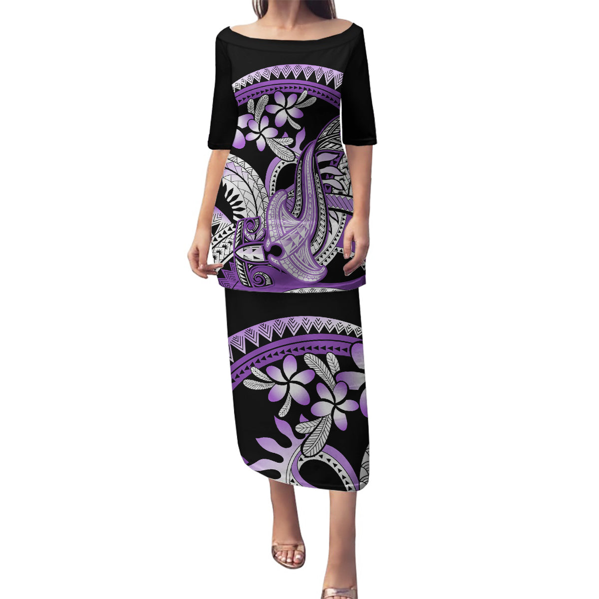 Purple Polynesian Family Matching Puletasi and Hawaiian Shirt Hammerhead Shark Tattoo Royal Plumeria Gradient Vibes LT14 Mom's Dress Purple - Polynesian Pride