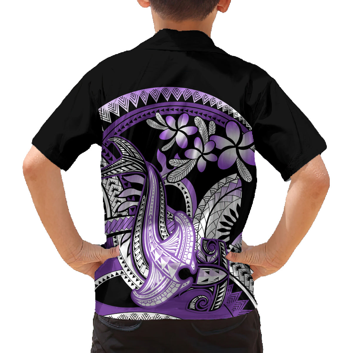 Purple Polynesian Family Matching Tank Maxi Dress and Hawaiian Shirt Hammerhead Shark Tattoo Royal Plumeria Gradient Vibes LT14 - Polynesian Pride