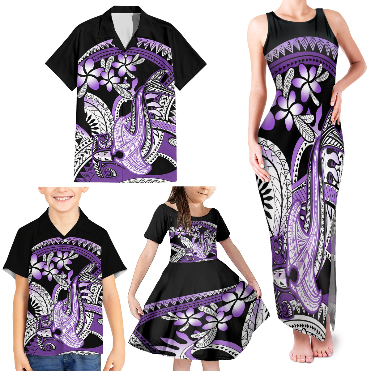 Purple Polynesian Family Matching Tank Maxi Dress and Hawaiian Shirt Hammerhead Shark Tattoo Royal Plumeria Gradient Vibes LT14 - Polynesian Pride