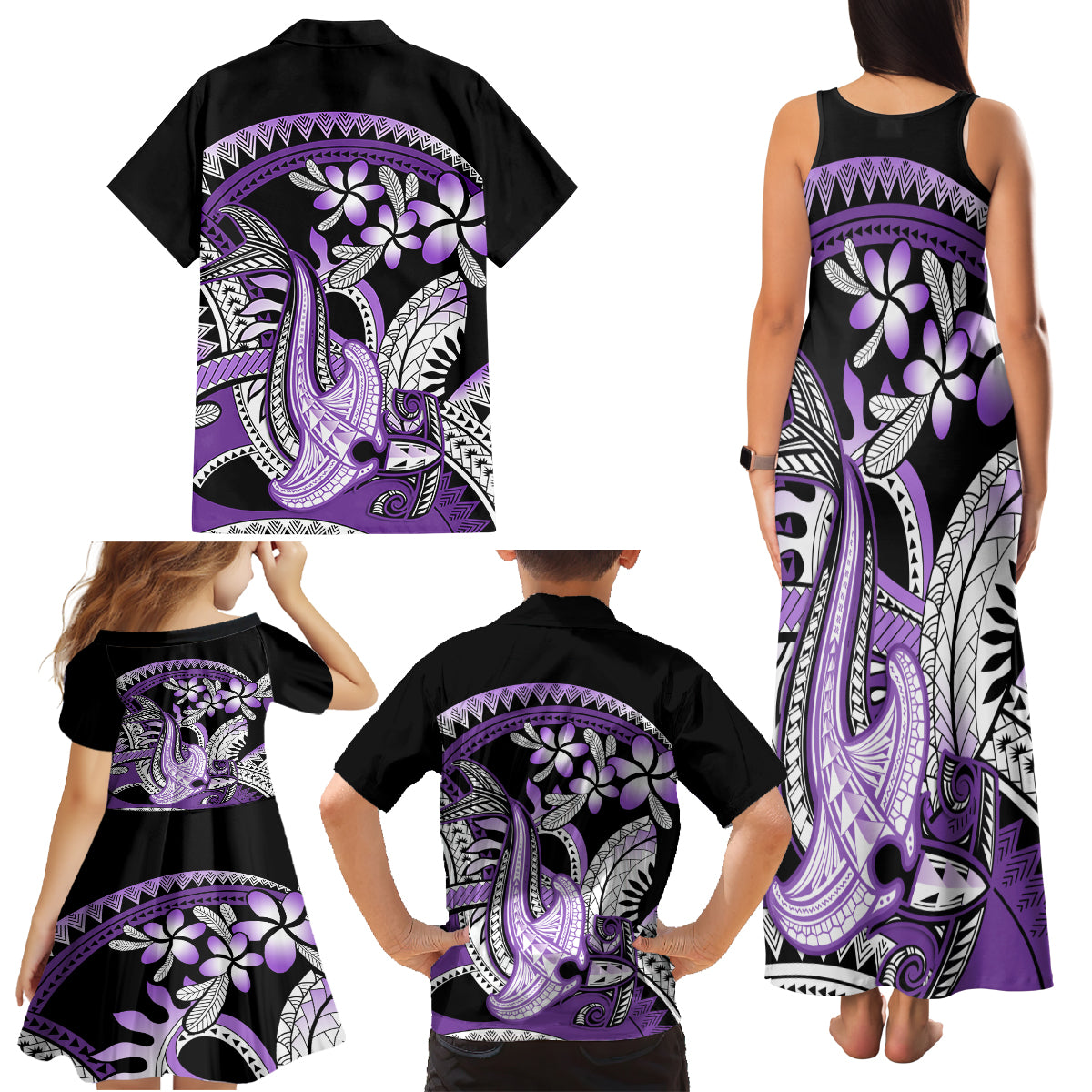 Purple Polynesian Family Matching Tank Maxi Dress and Hawaiian Shirt Hammerhead Shark Tattoo Royal Plumeria Gradient Vibes LT14 - Polynesian Pride