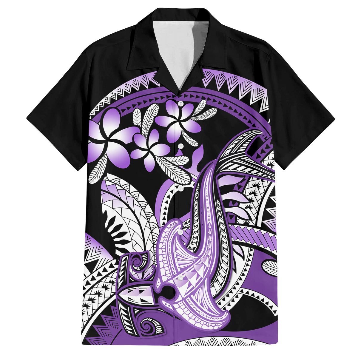 Purple Polynesian Family Matching Tank Maxi Dress and Hawaiian Shirt Hammerhead Shark Tattoo Royal Plumeria Gradient Vibes LT14 Dad's Shirt - Short Sleeve Purple - Polynesian Pride