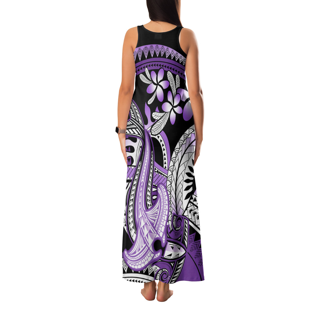 Purple Polynesian Family Matching Tank Maxi Dress and Hawaiian Shirt Hammerhead Shark Tattoo Royal Plumeria Gradient Vibes LT14 - Polynesian Pride