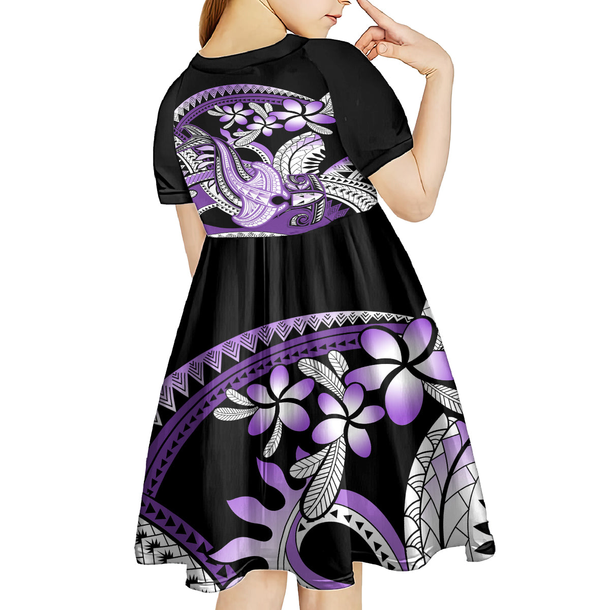 Purple Polynesian Kid Short Sleeve Dress Hammerhead Shark Tattoo Royal Plumeria Gradient Vibes LT14 - Polynesian Pride
