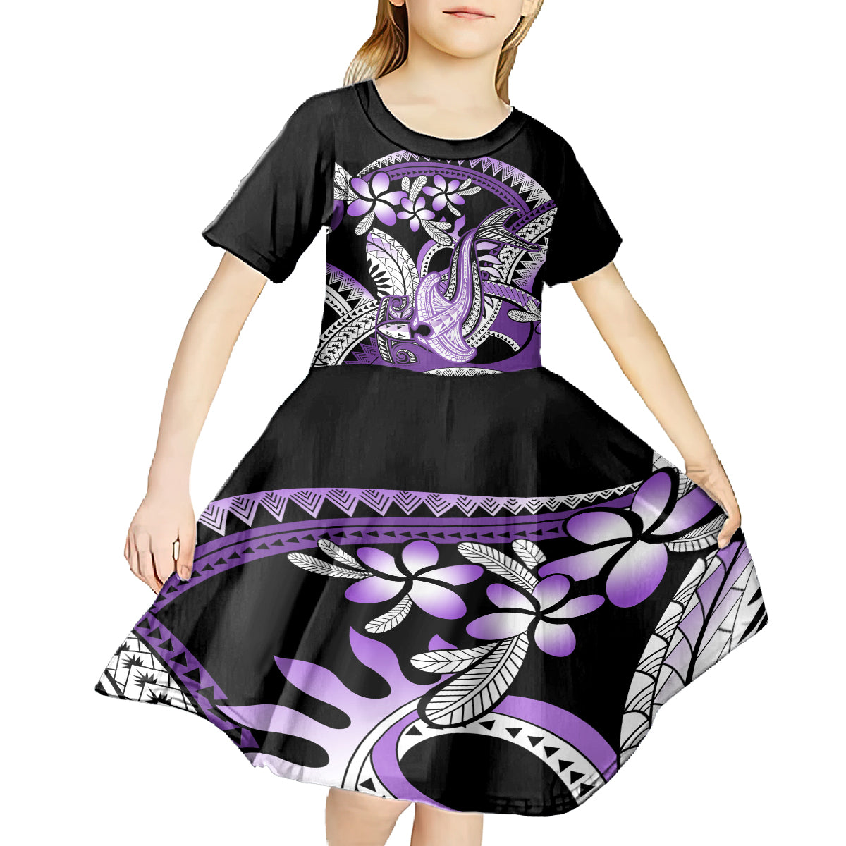 Purple Polynesian Kid Short Sleeve Dress Hammerhead Shark Tattoo Royal Plumeria Gradient Vibes LT14 - Polynesian Pride