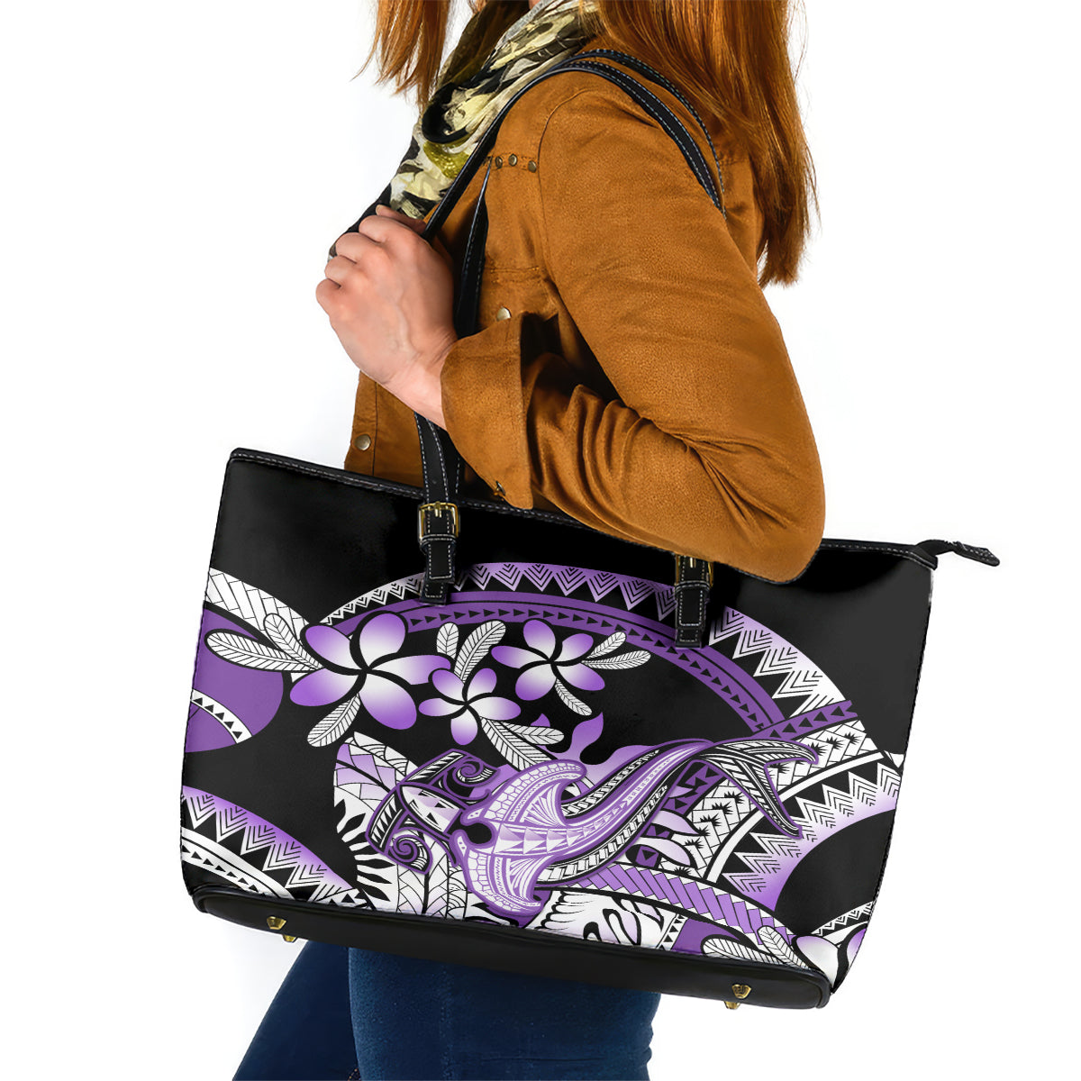 Purple Polynesian Leather Tote Bag Hammerhead Shark Tattoo Royal Plumeria Gradient Vibes LT14 Purple - Polynesian Pride