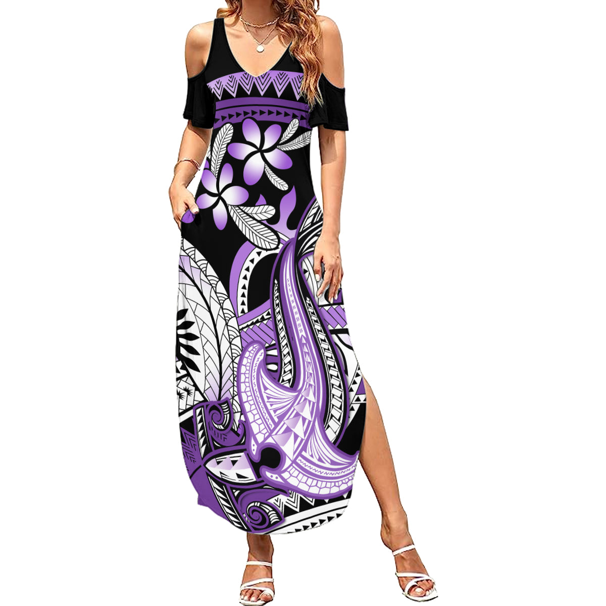 Purple Polynesian Summer Maxi Dress Hammerhead Shark Tattoo Royal Plumeria Gradient Vibes LT14 Women Purple - Polynesian Pride