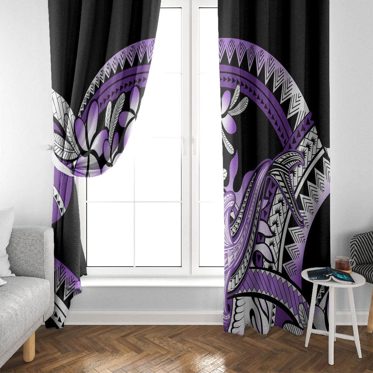 Purple Polynesian Window Curtain Hammerhead Shark Tattoo Royal Plumeria Gradient Vibes LT14 - Polynesian Pride