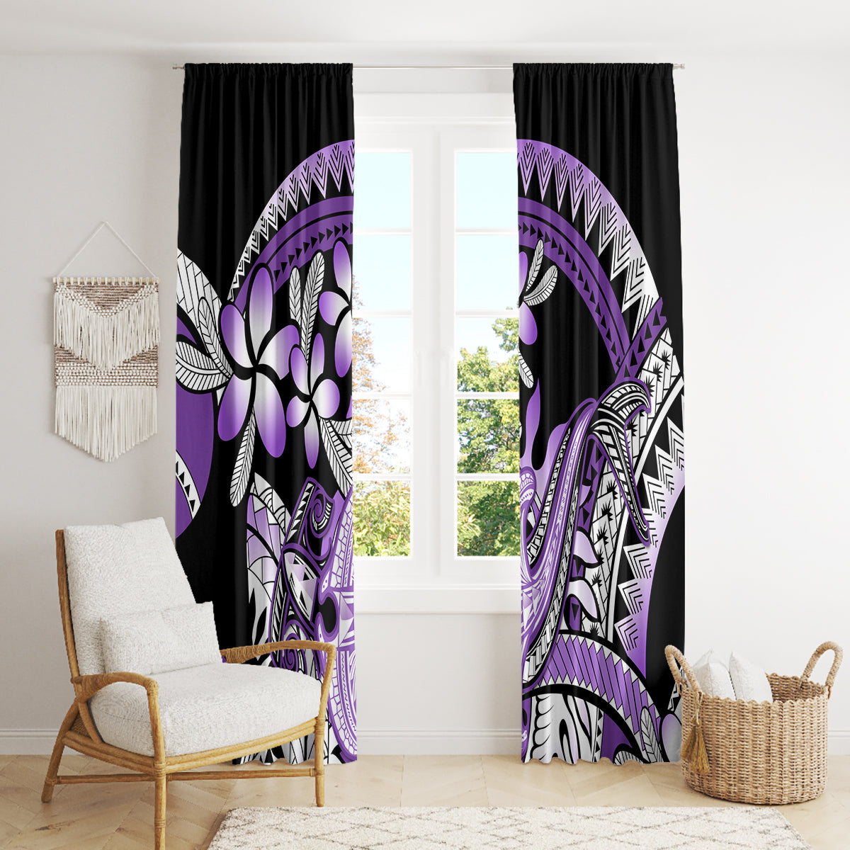 Purple Polynesian Window Curtain Hammerhead Shark Tattoo Royal Plumeria Gradient Vibes LT14 - Polynesian Pride