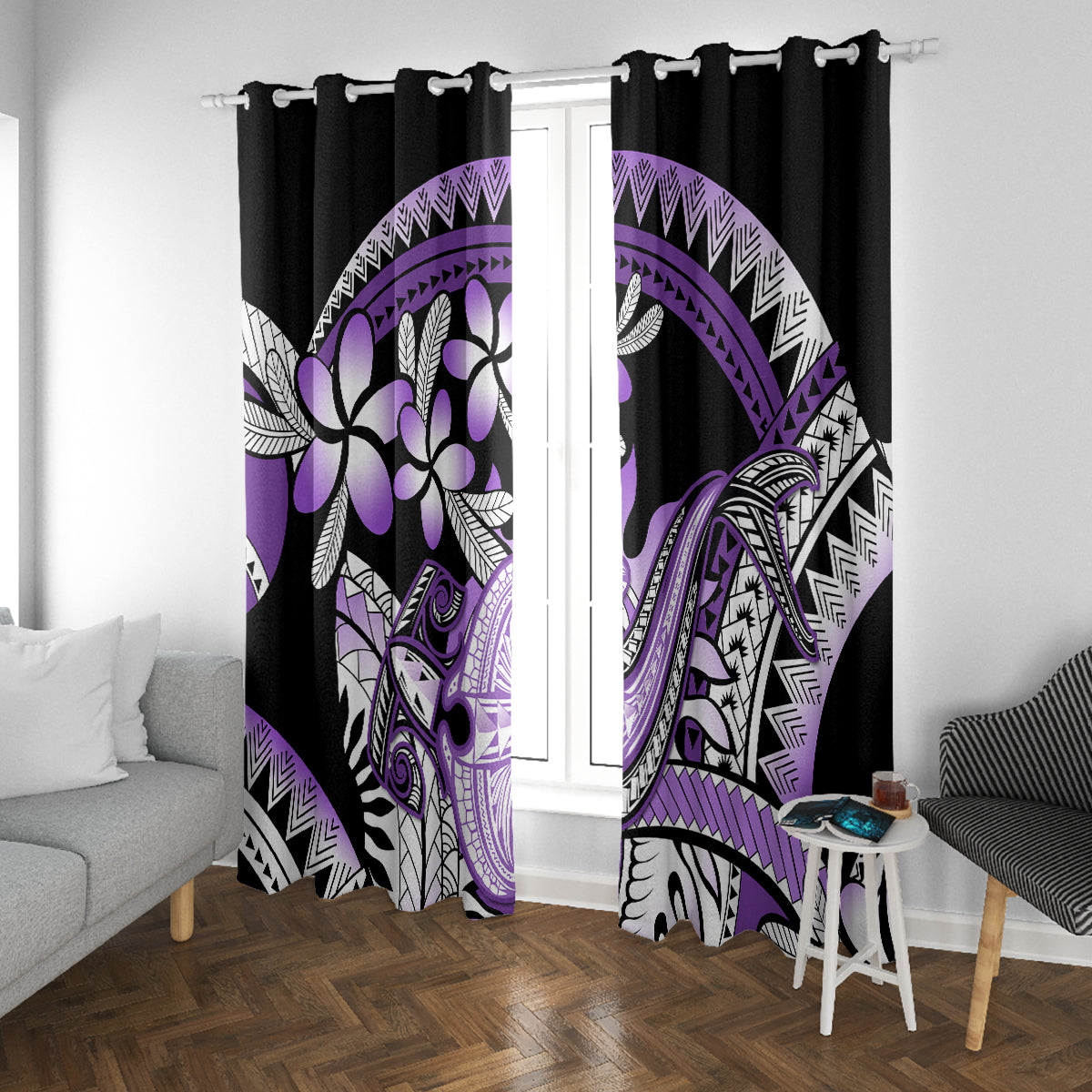 Purple Polynesian Window Curtain Hammerhead Shark Tattoo Royal Plumeria Gradient Vibes LT14 With Grommets Purple - Polynesian Pride
