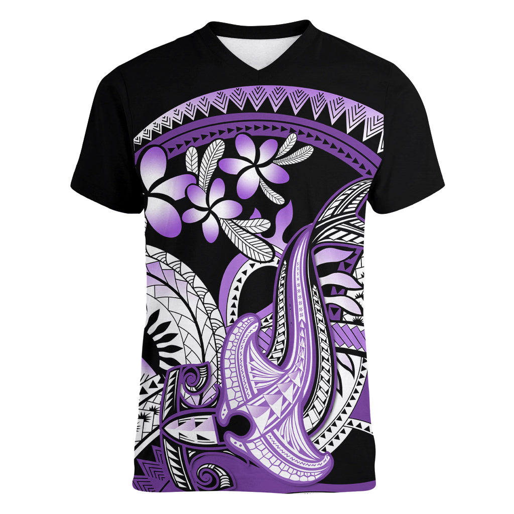 Purple Polynesian Women V Neck T Shirt Hammerhead Shark Tattoo Royal Plumeria Gradient Vibes LT14 Female Purple - Polynesian Pride