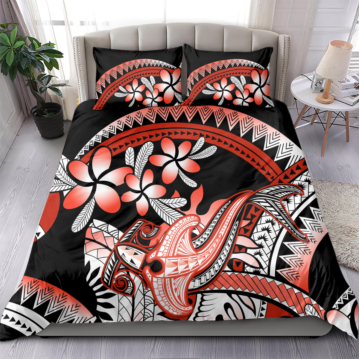 Red Polynesian Bedding Set Hammerhead Shark Tattoo Royal Plumeria Gradient Vibes LT14 - Polynesian Pride