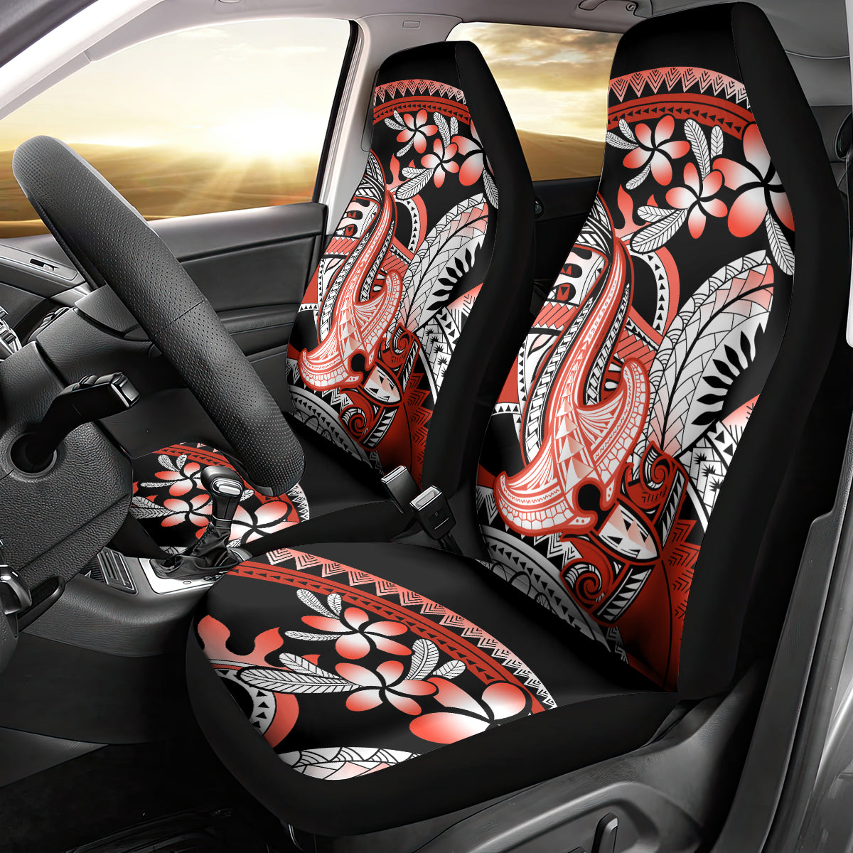 Red Polynesian Car Seat Cover Hammerhead Shark Tattoo Royal Plumeria Gradient Vibes LT14 - Polynesian Pride