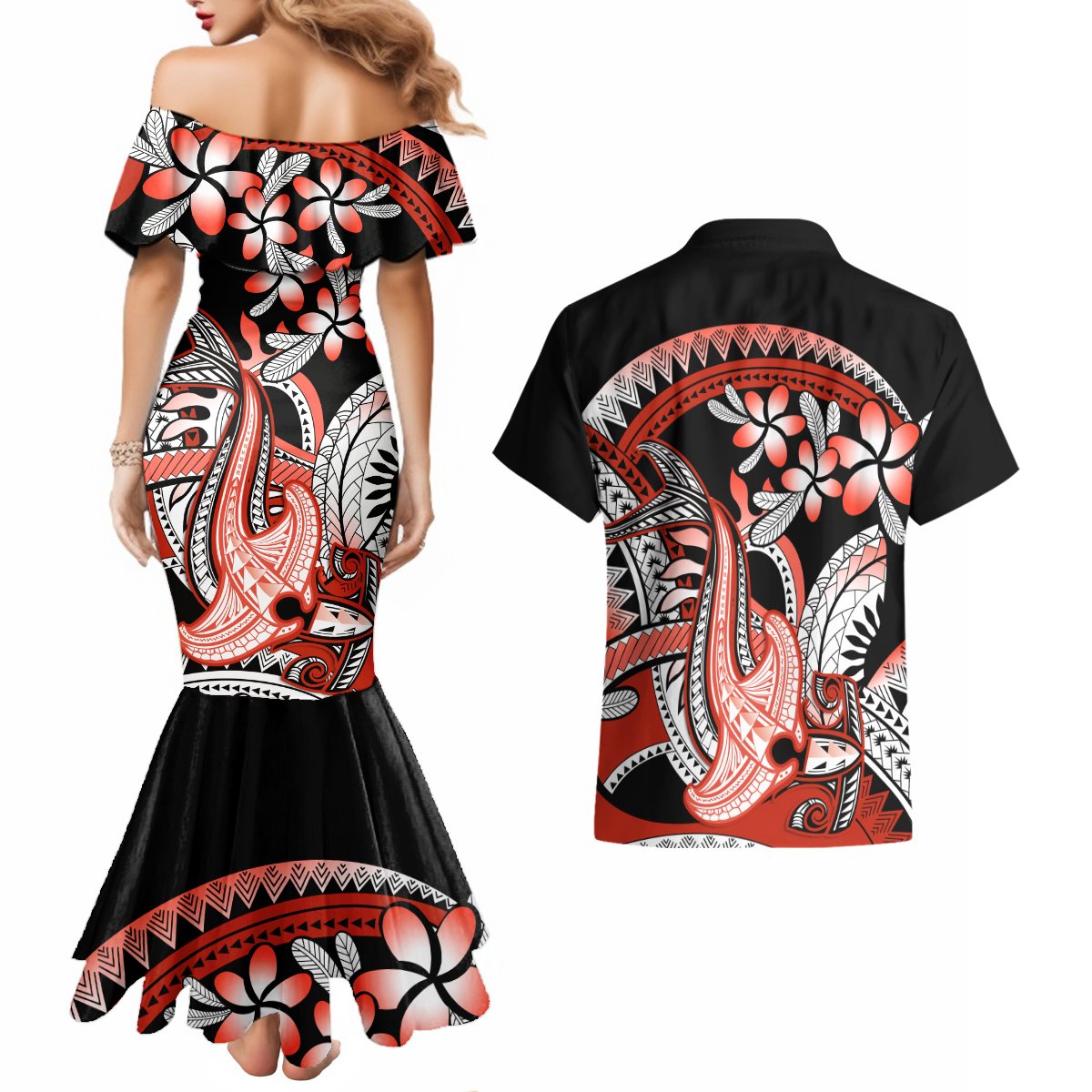 Red Polynesian Couples Matching Mermaid Dress and Hawaiian Shirt Hammerhead Shark Tattoo Royal Plumeria Gradient Vibes LT14 - Polynesian Pride