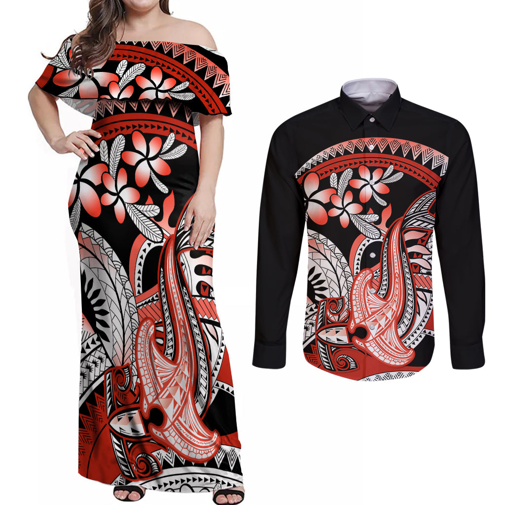 Red Polynesian Couples Matching Off Shoulder Maxi Dress and Long Sleeve Button Shirt Hammerhead Shark Tattoo Royal Plumeria Gradient Vibes LT14 Red - Polynesian Pride