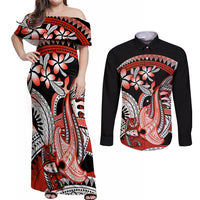 Red Polynesian Couples Matching Off Shoulder Maxi Dress and Long Sleeve Button Shirt Hammerhead Shark Tattoo Royal Plumeria Gradient Vibes LT14 Red - Polynesian Pride