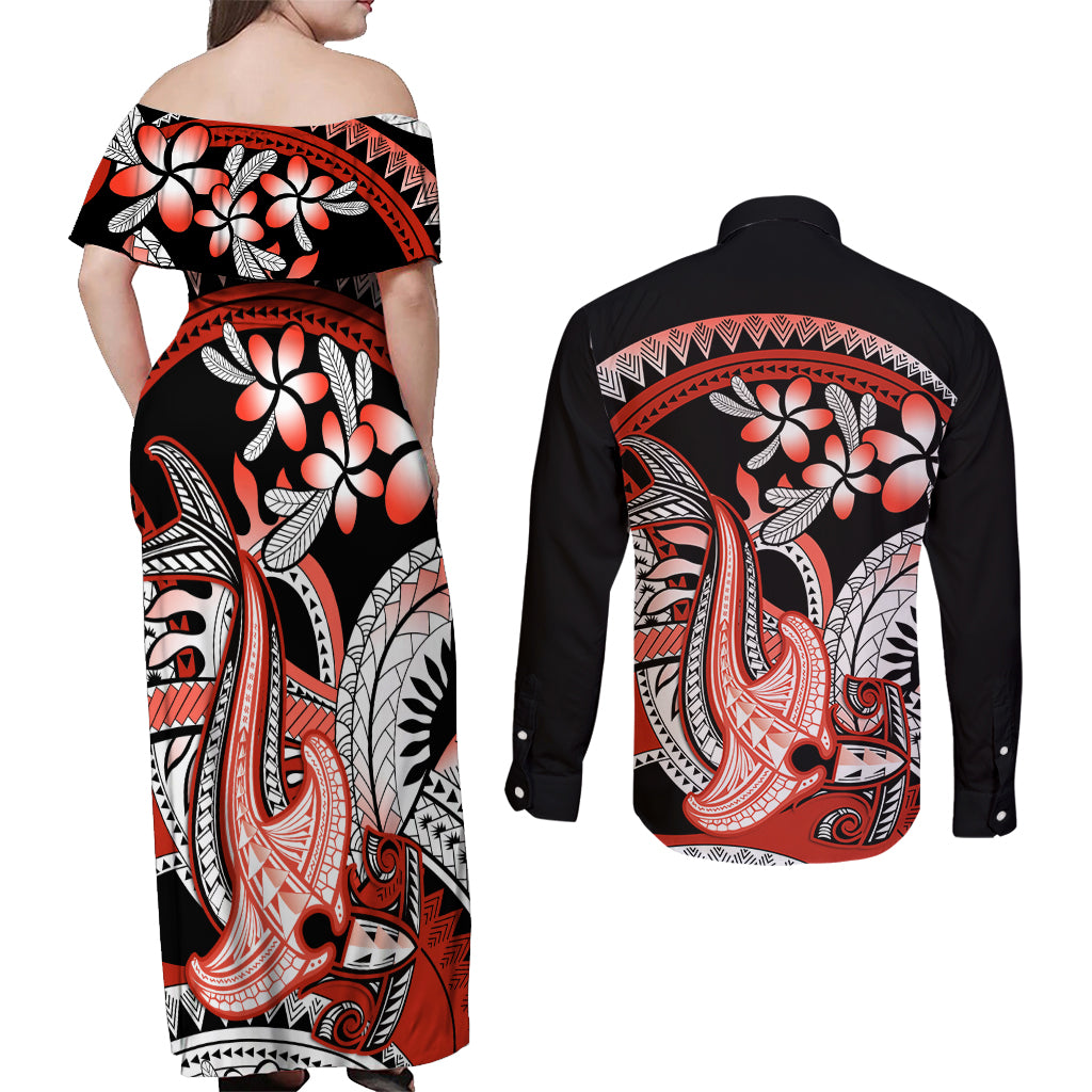 Red Polynesian Couples Matching Off Shoulder Maxi Dress and Long Sleeve Button Shirt Hammerhead Shark Tattoo Royal Plumeria Gradient Vibes LT14 - Polynesian Pride