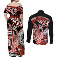 Red Polynesian Couples Matching Off Shoulder Maxi Dress and Long Sleeve Button Shirt Hammerhead Shark Tattoo Royal Plumeria Gradient Vibes LT14 - Polynesian Pride