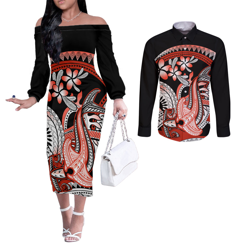 Red Polynesian Couples Matching Off The Shoulder Long Sleeve Dress and Long Sleeve Button Shirt Hammerhead Shark Tattoo Royal Plumeria Gradient Vibes LT14 Red - Polynesian Pride