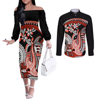 Red Polynesian Couples Matching Off The Shoulder Long Sleeve Dress and Long Sleeve Button Shirt Hammerhead Shark Tattoo Royal Plumeria Gradient Vibes LT14 Red - Polynesian Pride