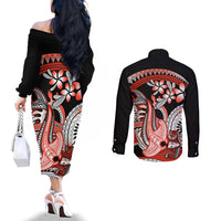 Red Polynesian Couples Matching Off The Shoulder Long Sleeve Dress and Long Sleeve Button Shirt Hammerhead Shark Tattoo Royal Plumeria Gradient Vibes LT14 - Polynesian Pride