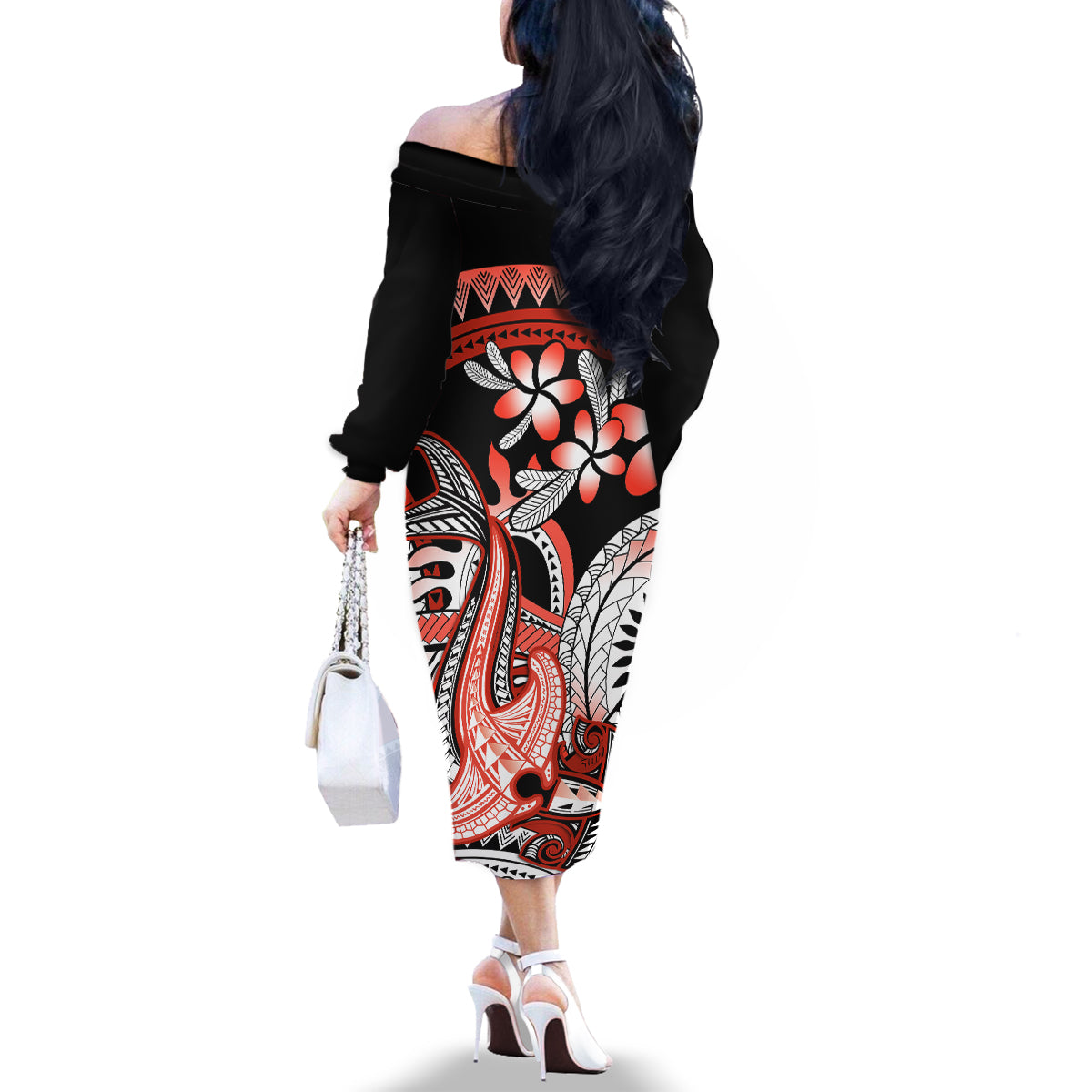 Red Polynesian Family Matching Off Shoulder Long Sleeve Dress and Hawaiian Shirt Hammerhead Shark Tattoo Royal Plumeria Gradient Vibes LT14 - Polynesian Pride