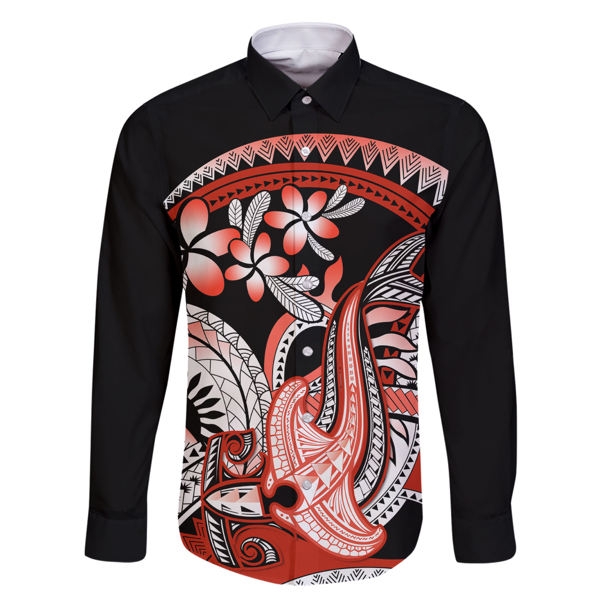 Red Polynesian Family Matching Puletasi and Hawaiian Shirt Hammerhead Shark Tattoo Royal Plumeria Gradient Vibes LT14 Dad's Shirt - Long Sleeve Red - Polynesian Pride