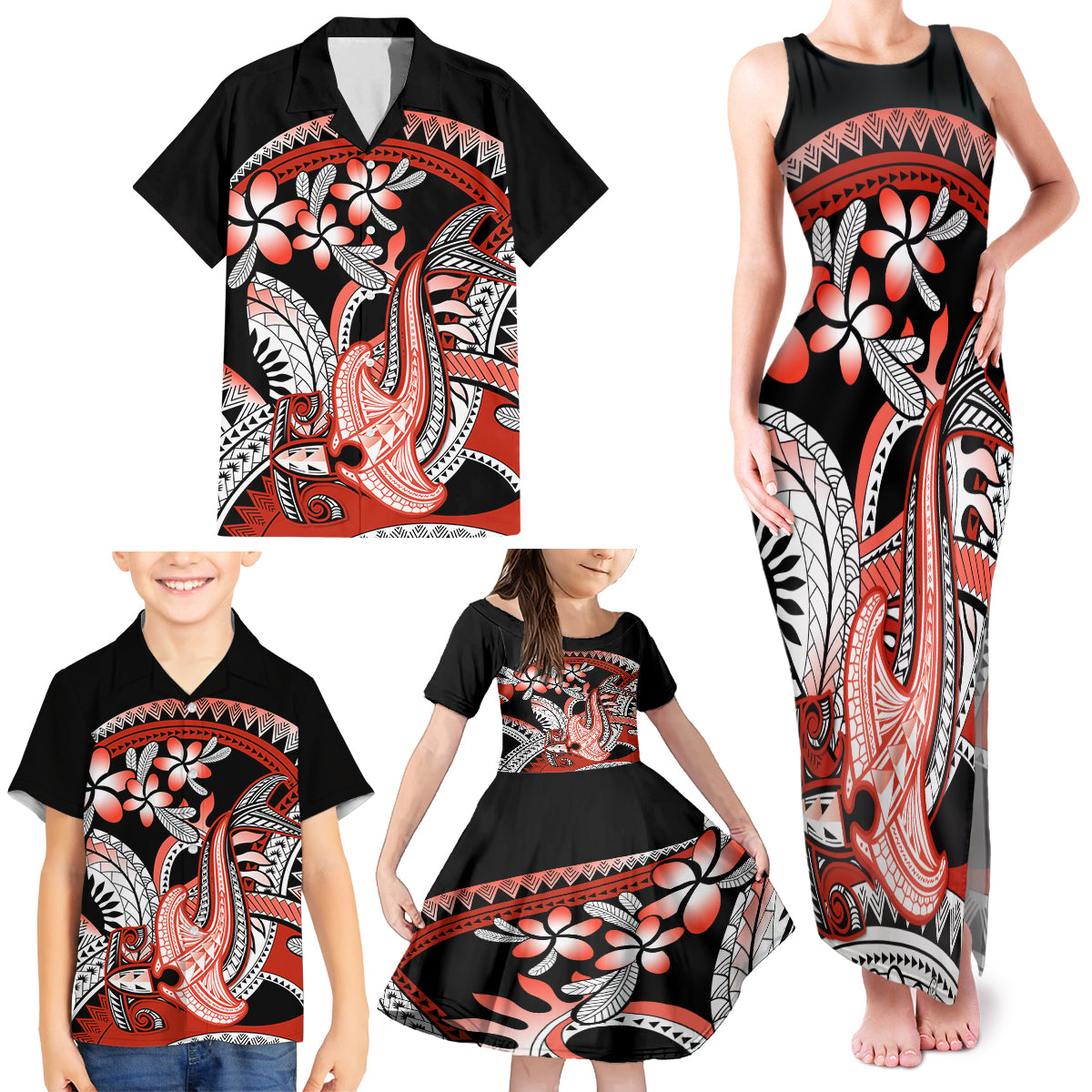 Red Polynesian Family Matching Tank Maxi Dress and Hawaiian Shirt Hammerhead Shark Tattoo Royal Plumeria Gradient Vibes LT14 - Polynesian Pride