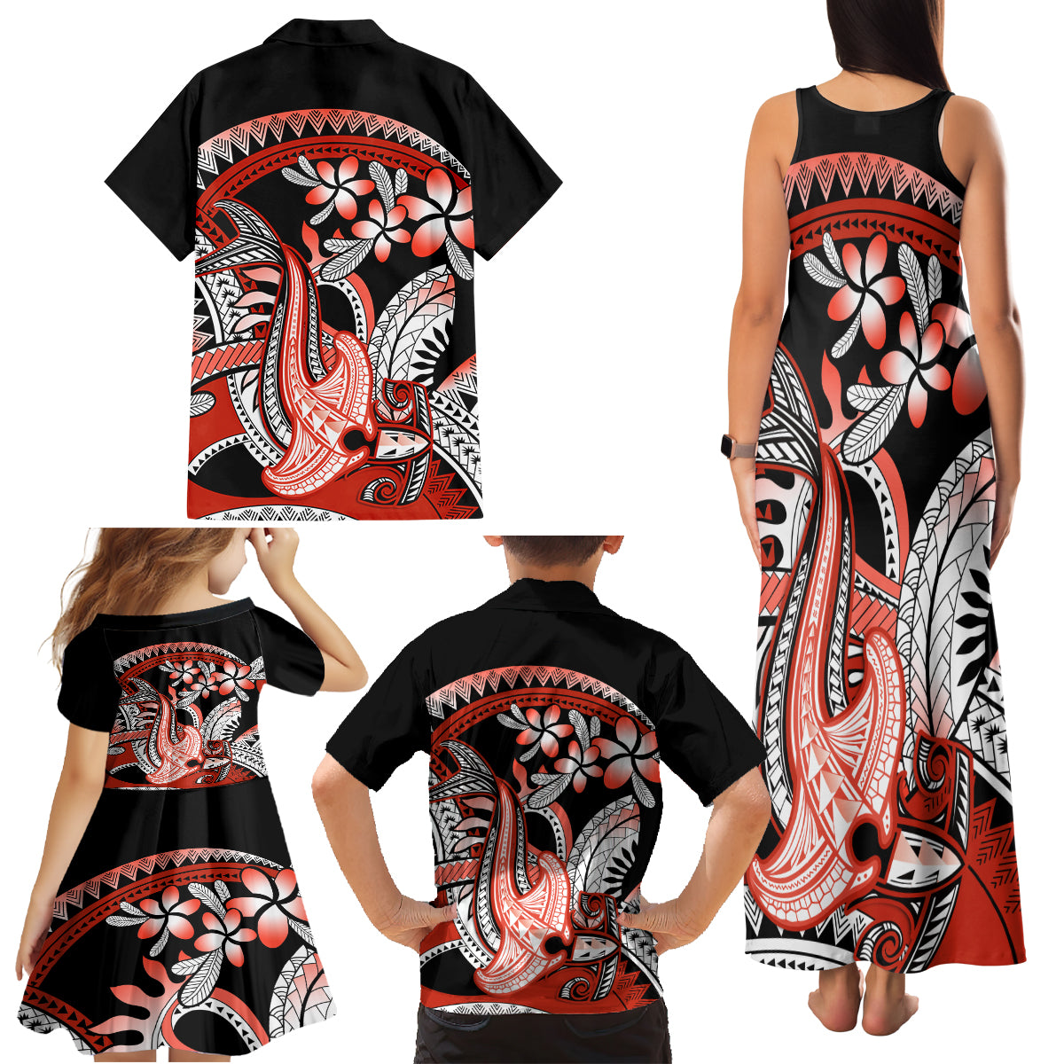Red Polynesian Family Matching Tank Maxi Dress and Hawaiian Shirt Hammerhead Shark Tattoo Royal Plumeria Gradient Vibes LT14 - Polynesian Pride
