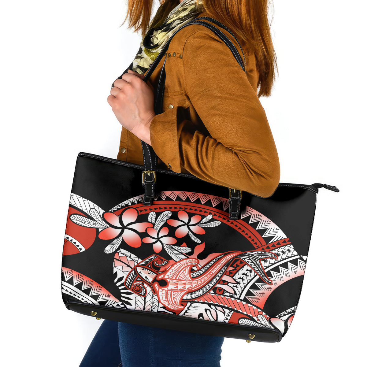 Red Polynesian Leather Tote Bag Hammerhead Shark Tattoo Royal Plumeria Gradient Vibes LT14 Red - Polynesian Pride