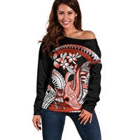 Red Polynesian Off Shoulder Sweater Hammerhead Shark Tattoo Royal Plumeria Gradient Vibes LT14 Women Red - Polynesian Pride