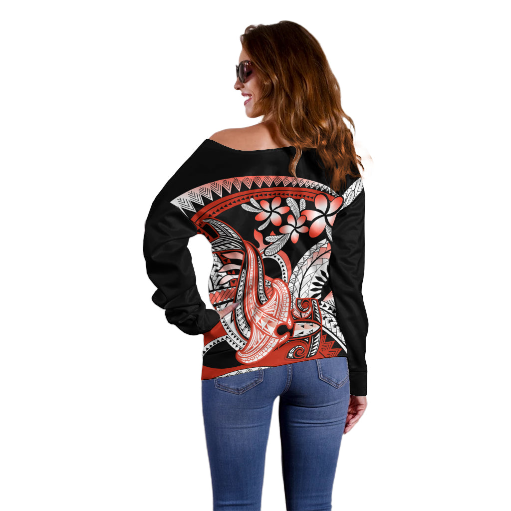 Red Polynesian Off Shoulder Sweater Hammerhead Shark Tattoo Royal Plumeria Gradient Vibes LT14 - Polynesian Pride