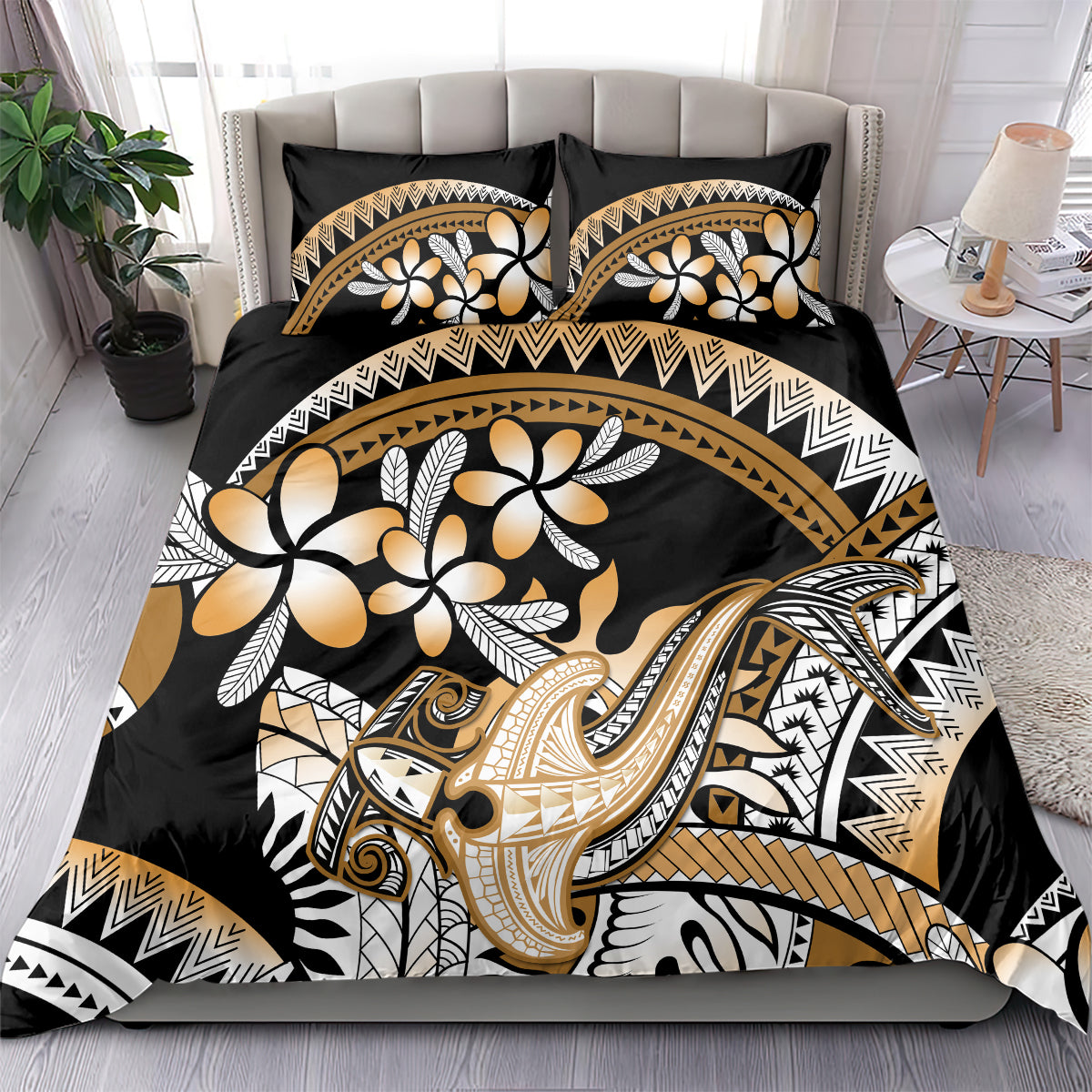 Gold Polynesian Hammerhead Shark Tattoo Bedding Set Royal Plumeria Gradient Vibes LT14 - Polynesian Pride