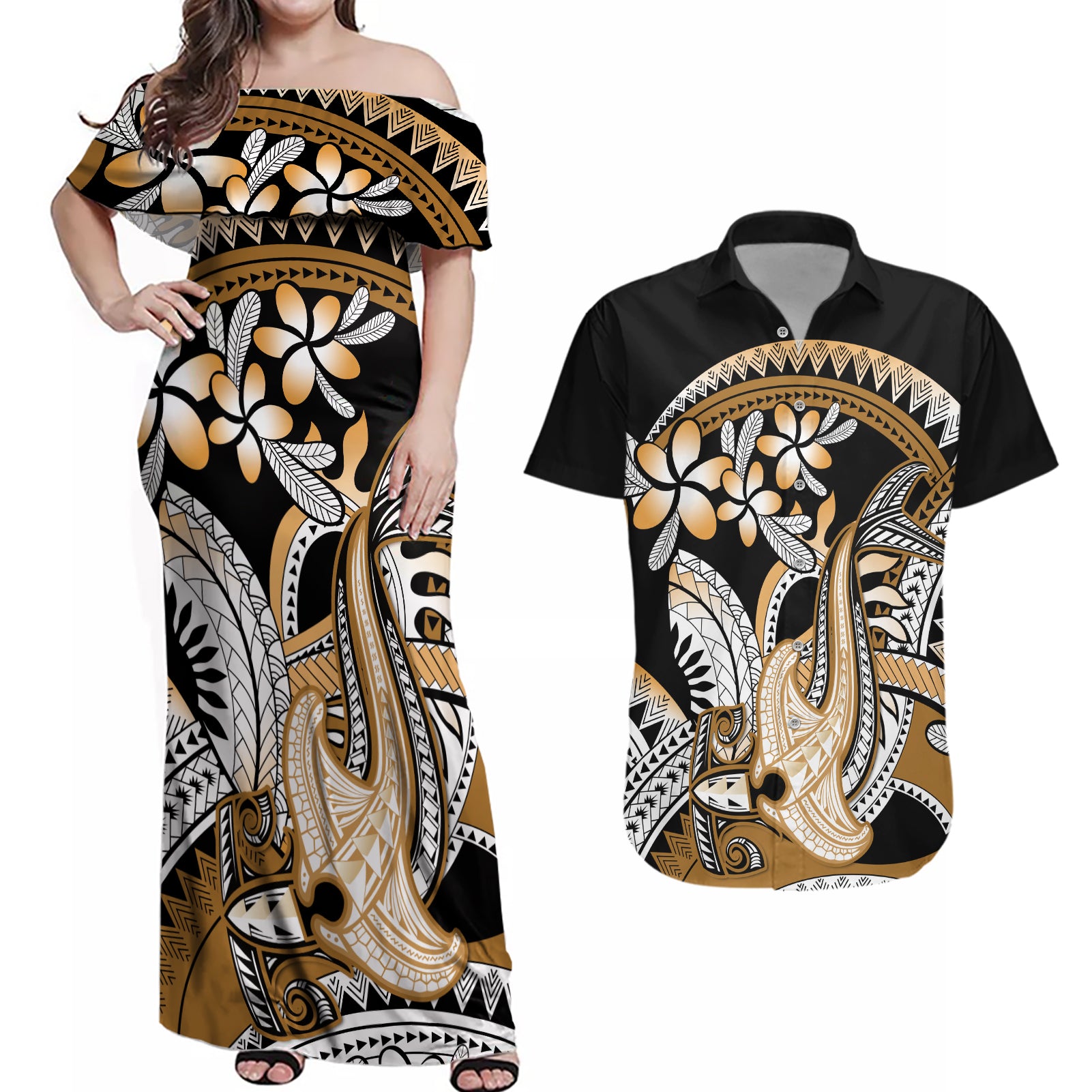 Gold Polynesian Hammerhead Shark Tattoo Couples Matching Off Shoulder Maxi Dress and Hawaiian Shirt Royal Plumeria Gradient Vibes LT14 Gold - Polynesian Pride