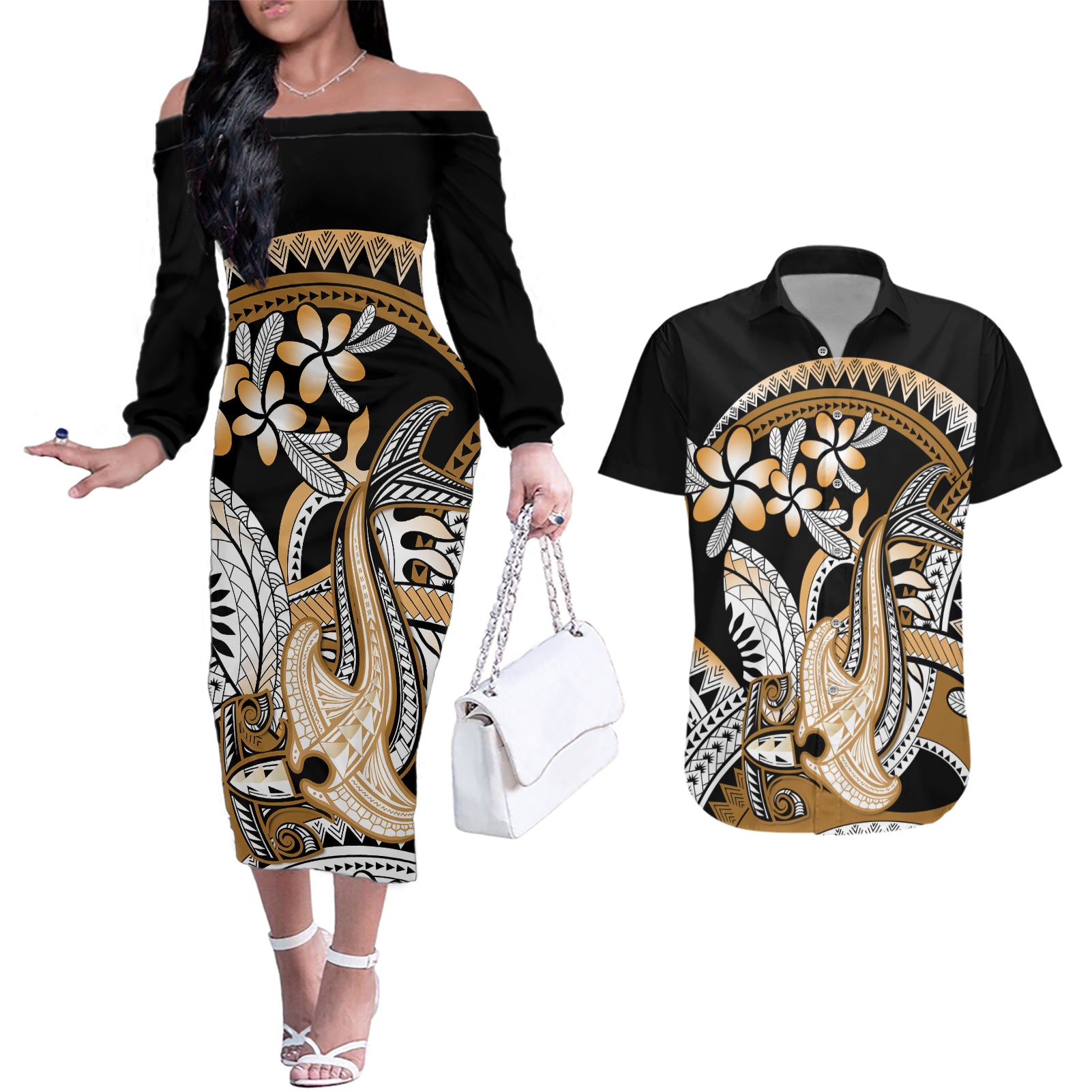 Gold Polynesian Hammerhead Shark Tattoo Couples Matching Off The Shoulder Long Sleeve Dress and Hawaiian Shirt Royal Plumeria Gradient Vibes LT14 Gold - Polynesian Pride