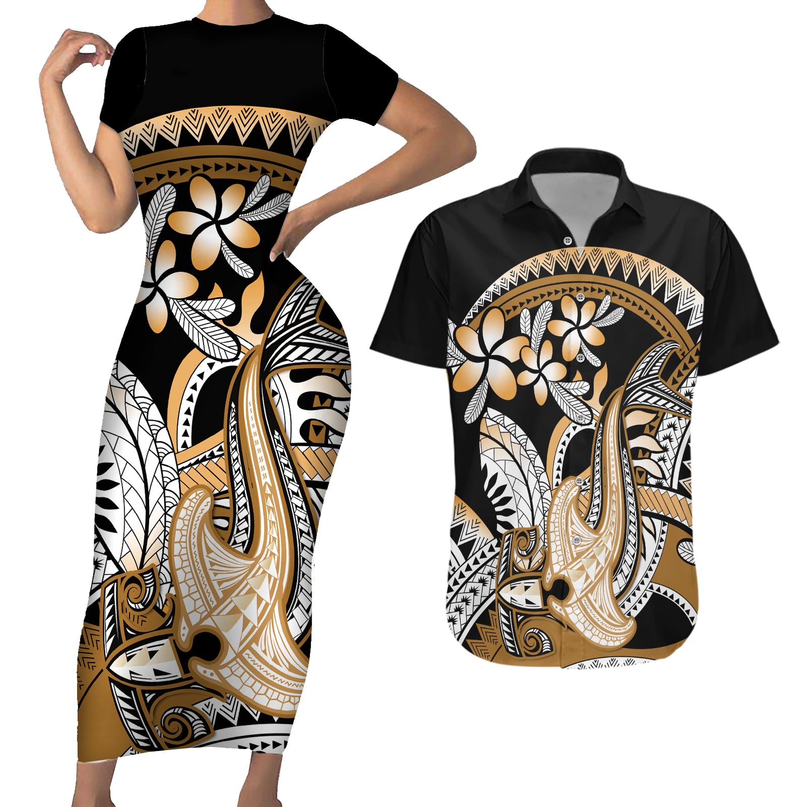 Gold Polynesian Hammerhead Shark Tattoo Couples Matching Short Sleeve Bodycon Dress and Hawaiian Shirt Royal Plumeria Gradient Vibes LT14 Gold - Polynesian Pride