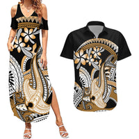 Gold Polynesian Hammerhead Shark Tattoo Couples Matching Summer Maxi Dress and Hawaiian Shirt Royal Plumeria Gradient Vibes LT14 Gold - Polynesian Pride