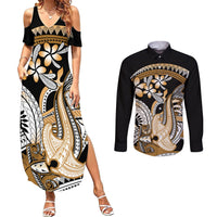 Gold Polynesian Hammerhead Shark Tattoo Couples Matching Summer Maxi Dress and Long Sleeve Button Shirt Royal Plumeria Gradient Vibes LT14 Gold - Polynesian Pride