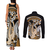Gold Polynesian Hammerhead Shark Tattoo Couples Matching Tank Maxi Dress and Long Sleeve Button Shirt Royal Plumeria Gradient Vibes LT14 - Polynesian Pride