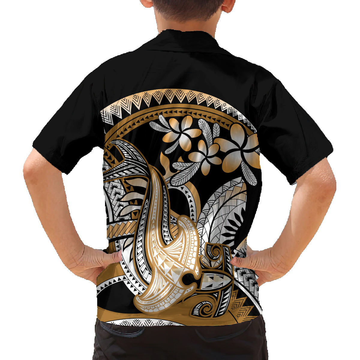 Gold Polynesian Hammerhead Shark Tattoo Family Matching Off Shoulder Short Dress and Hawaiian Shirt Royal Plumeria Gradient Vibes LT14 - Polynesian Pride