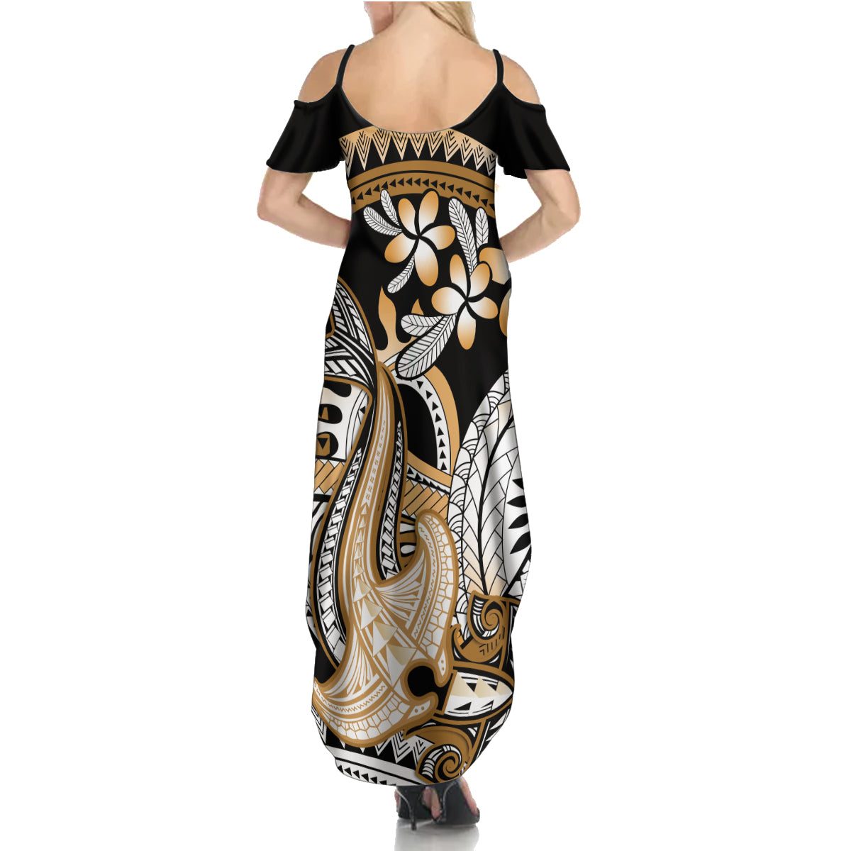 Gold Polynesian Hammerhead Shark Tattoo Family Matching Summer Maxi Dress and Hawaiian Shirt Royal Plumeria Gradient Vibes LT14 - Polynesian Pride