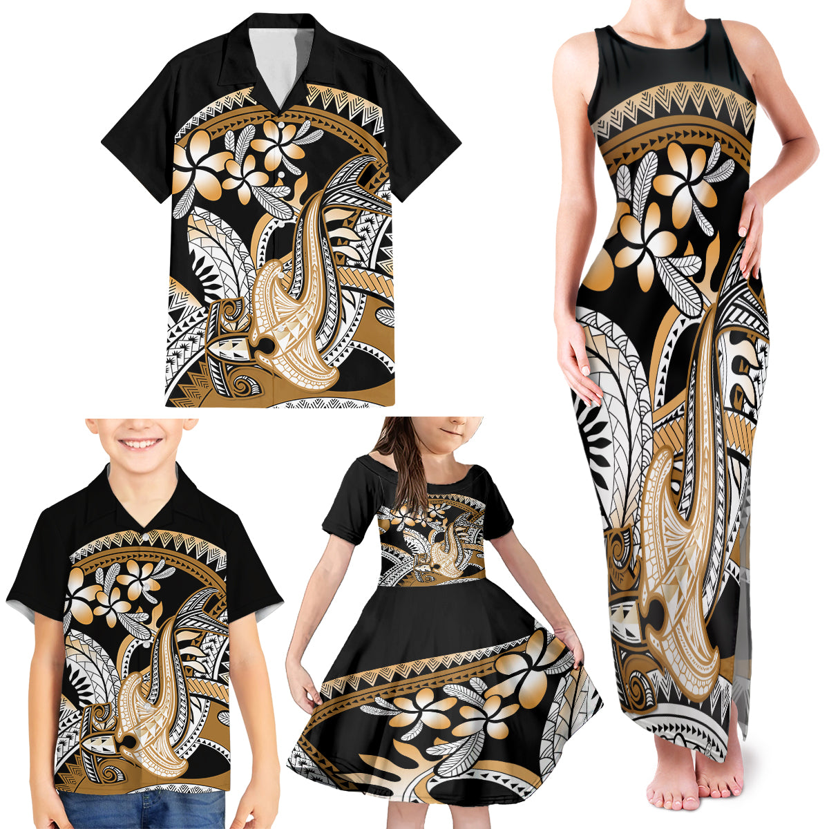 Gold Polynesian Hammerhead Shark Tattoo Family Matching Tank Maxi Dress and Hawaiian Shirt Royal Plumeria Gradient Vibes LT14 - Polynesian Pride