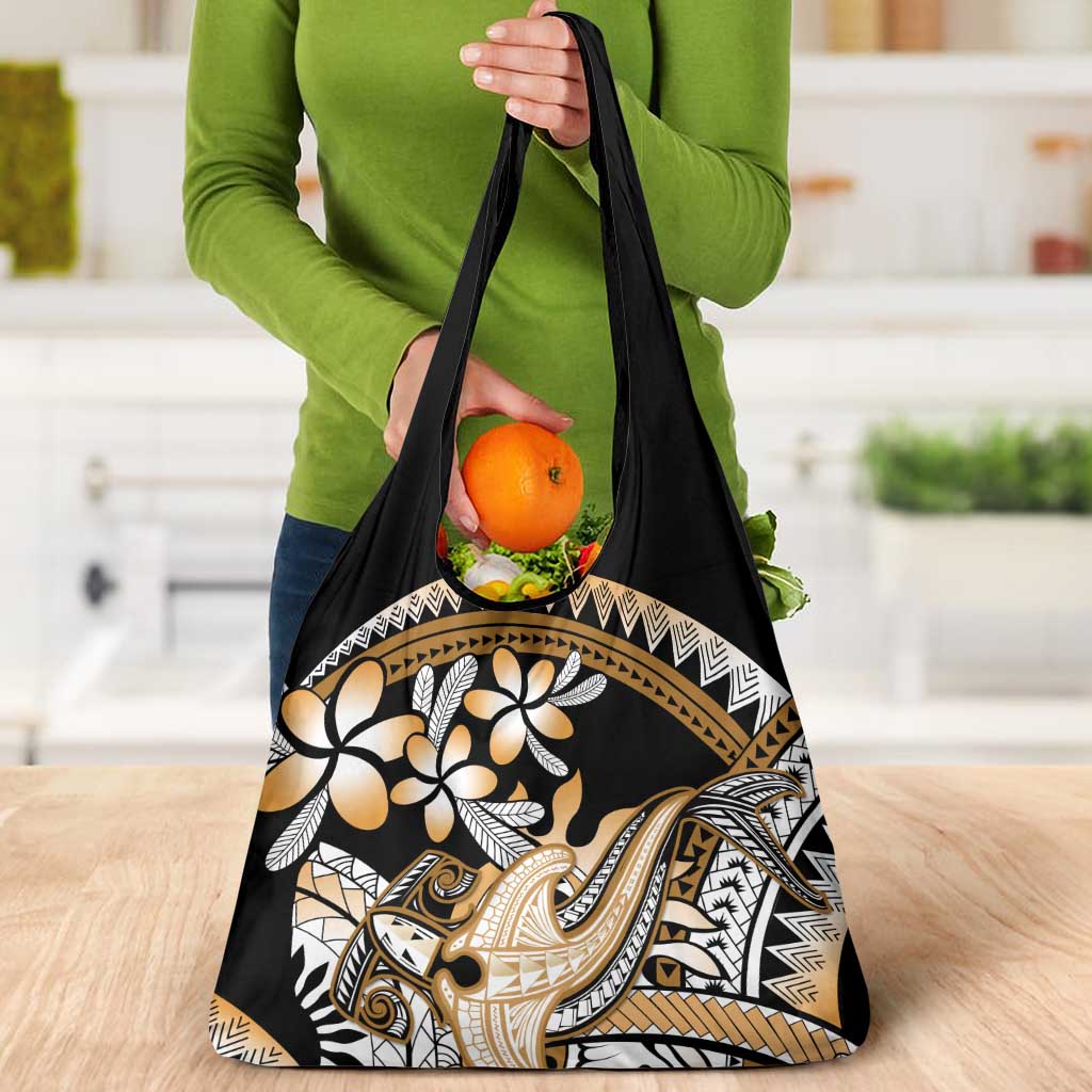 Gold Polynesian Hammerhead Shark Tattoo Grocery Bag Royal Plumeria Gradient Vibes