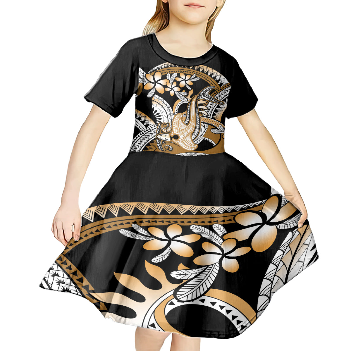 Gold Polynesian Hammerhead Shark Tattoo Kid Short Sleeve Dress Royal Plumeria Gradient Vibes LT14 - Polynesian Pride