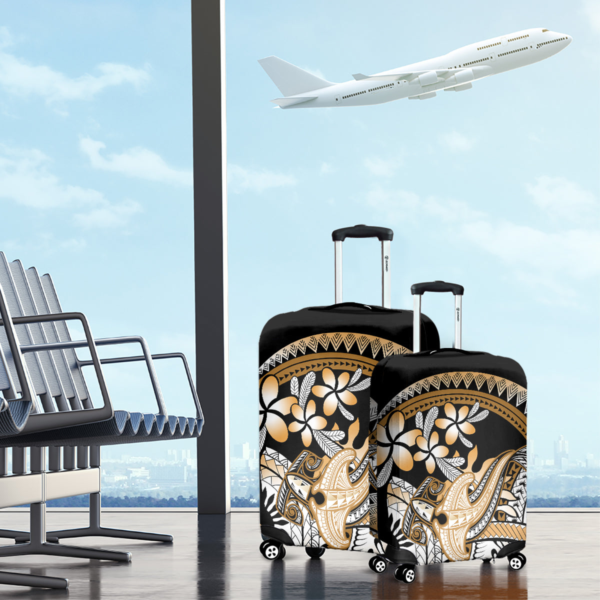 Gold Polynesian Hammerhead Shark Tattoo Luggage Cover Royal Plumeria Gradient Vibes LT14 - Polynesian Pride